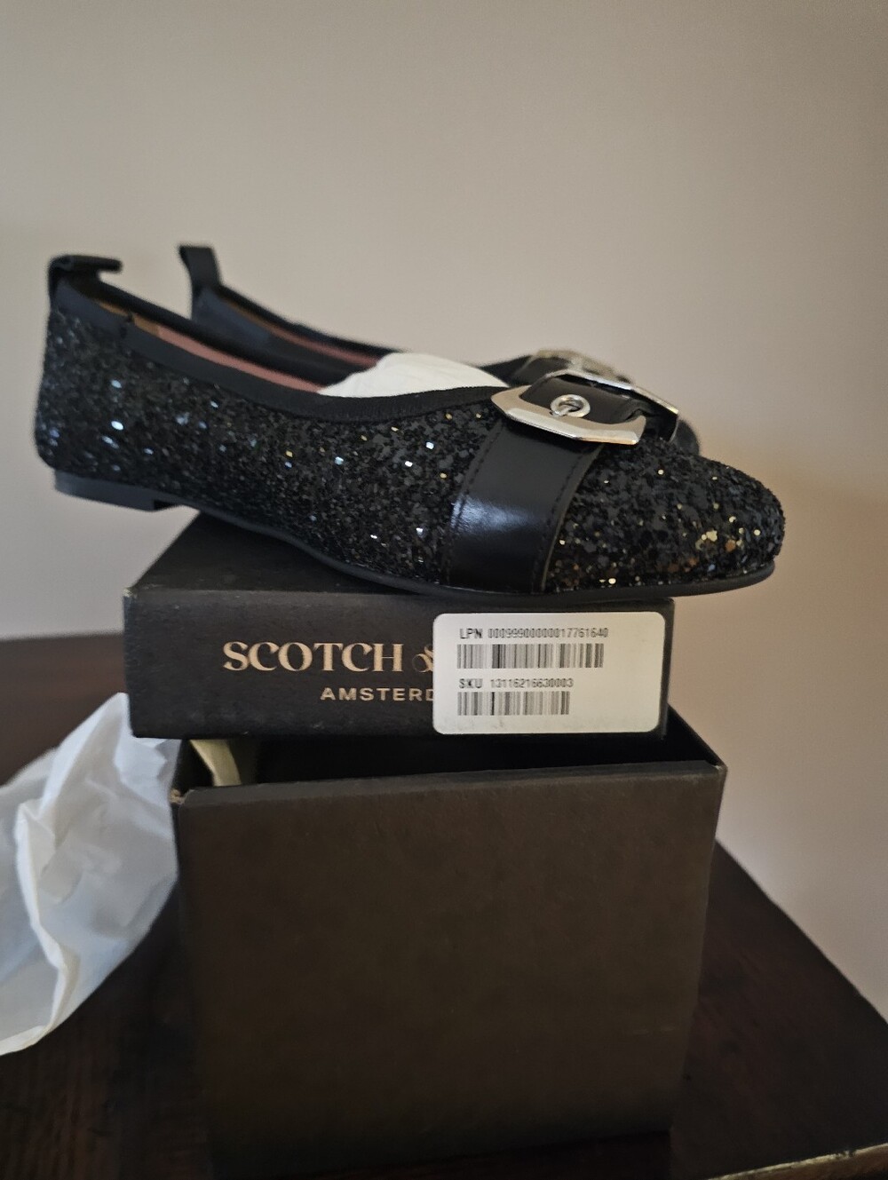 Scotch & Soda Black Glitter Buckle Flats